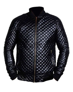 Black Quilted Leather Jacket For Men's