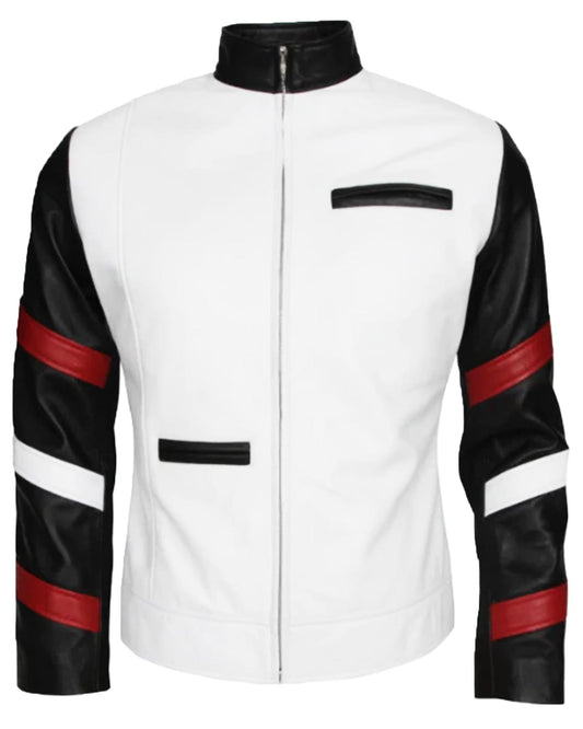 Men's Vintage White Leather Jacket With Stripes