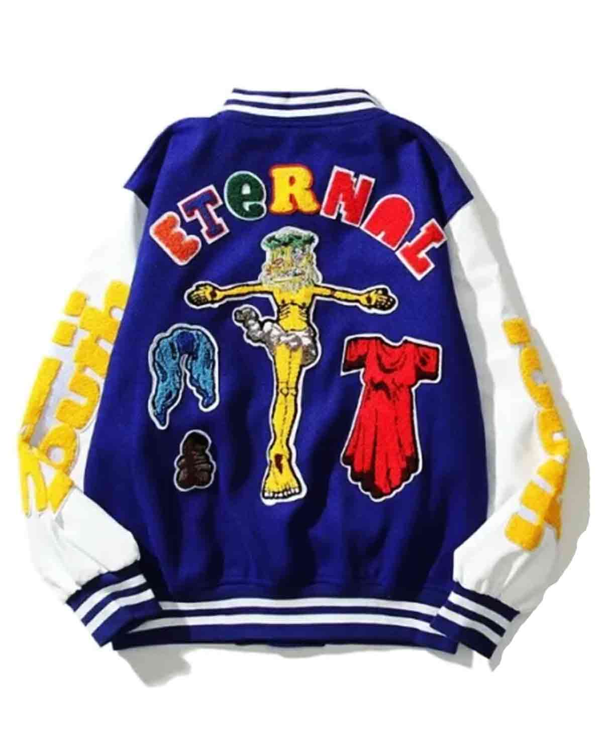 A blue and white varsity-style jacket shown from the back, featuring a large multicolor graphic of a crucified figure with the word 'ETERNAL' across the shoulders, plus yellow text down the sleeves.