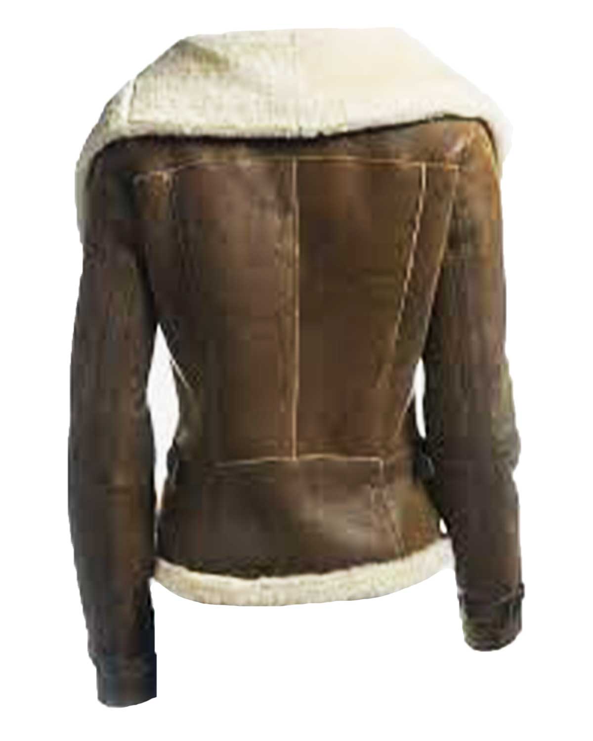 Women Fur Collar Brown Leather Jacket