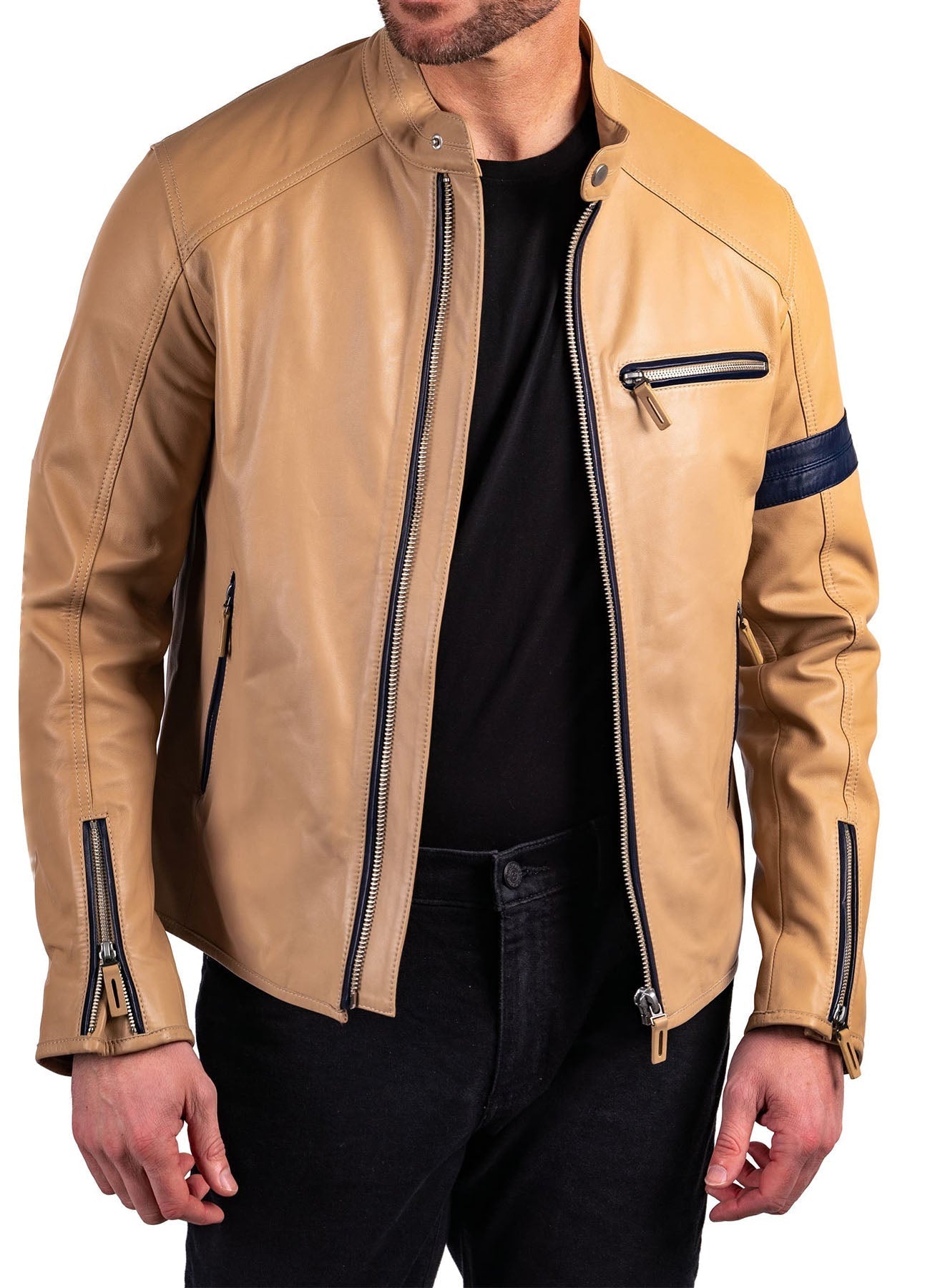 Men's Light Tan Biker Leather Jacket