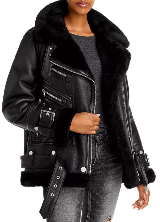 Women's Jet Black Shearling Leather Jacket