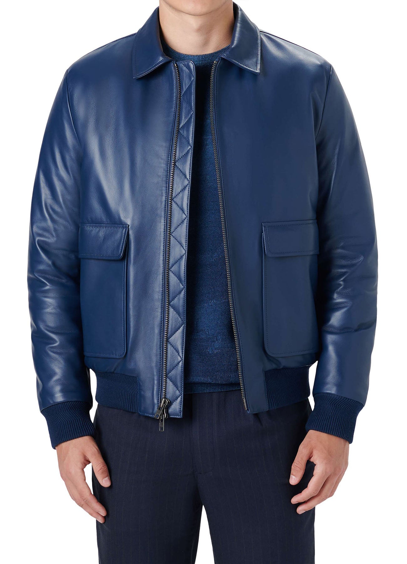 Men's Soft Blue Bomber Leather Jacket