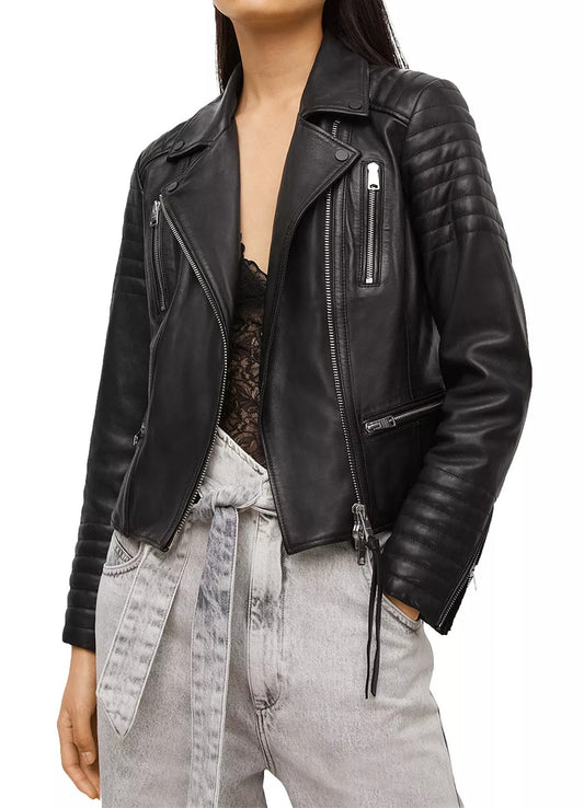 Women's Quilted Sleeves Black Biker Leather Jacket