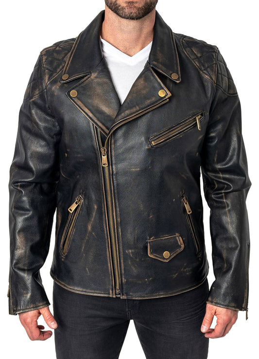 Men's Distressed Black Biker Leather Jacket