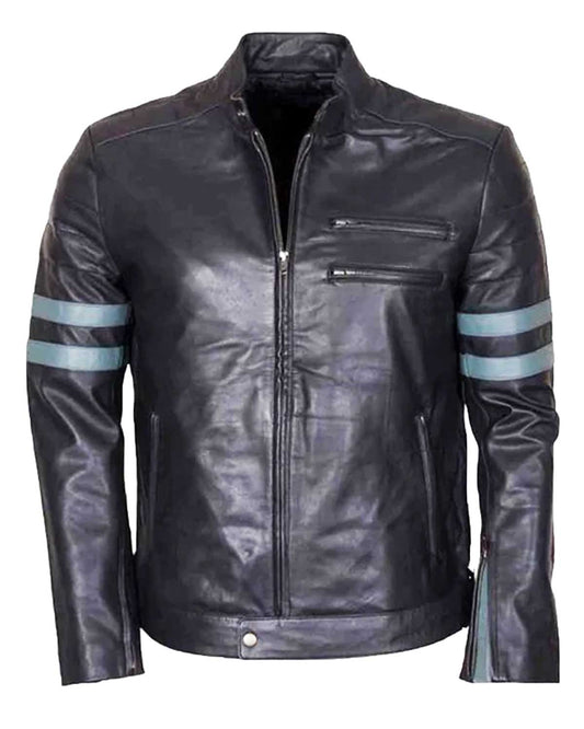 Men's Blue Stripe Mayhem Retro Black Biker Leather Jacket
