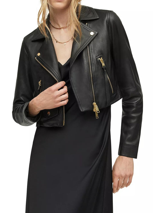 Women's Short Length Black Biker Leather Jacket