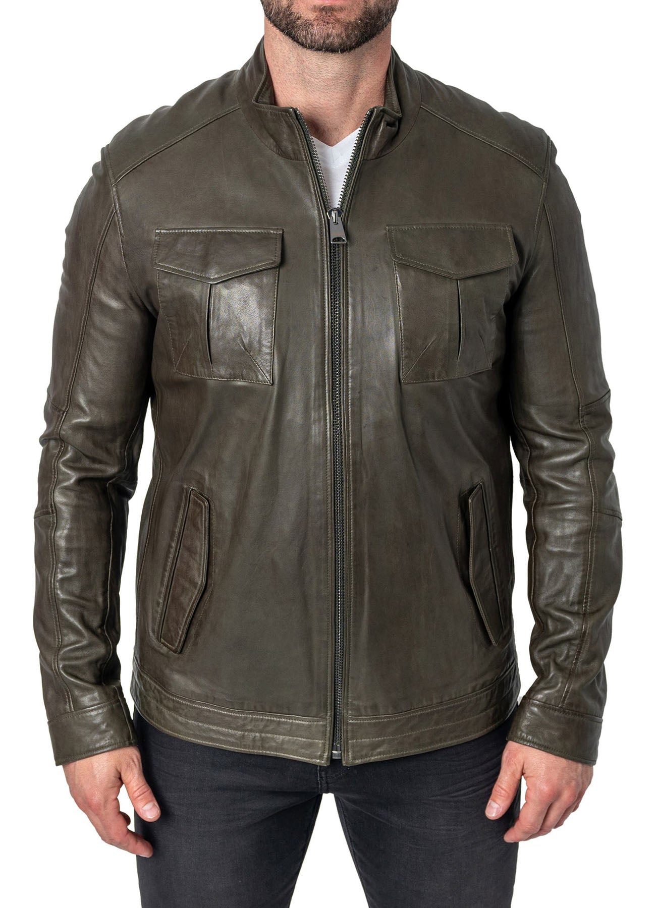 Men's Military Style Olive Green Leather Jacket