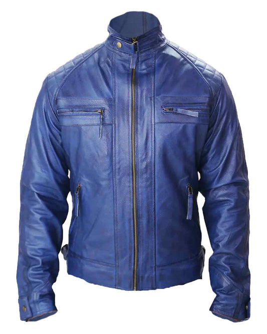 Men's Blue Biker Fashion Slim Fit Pure Leather Jacket