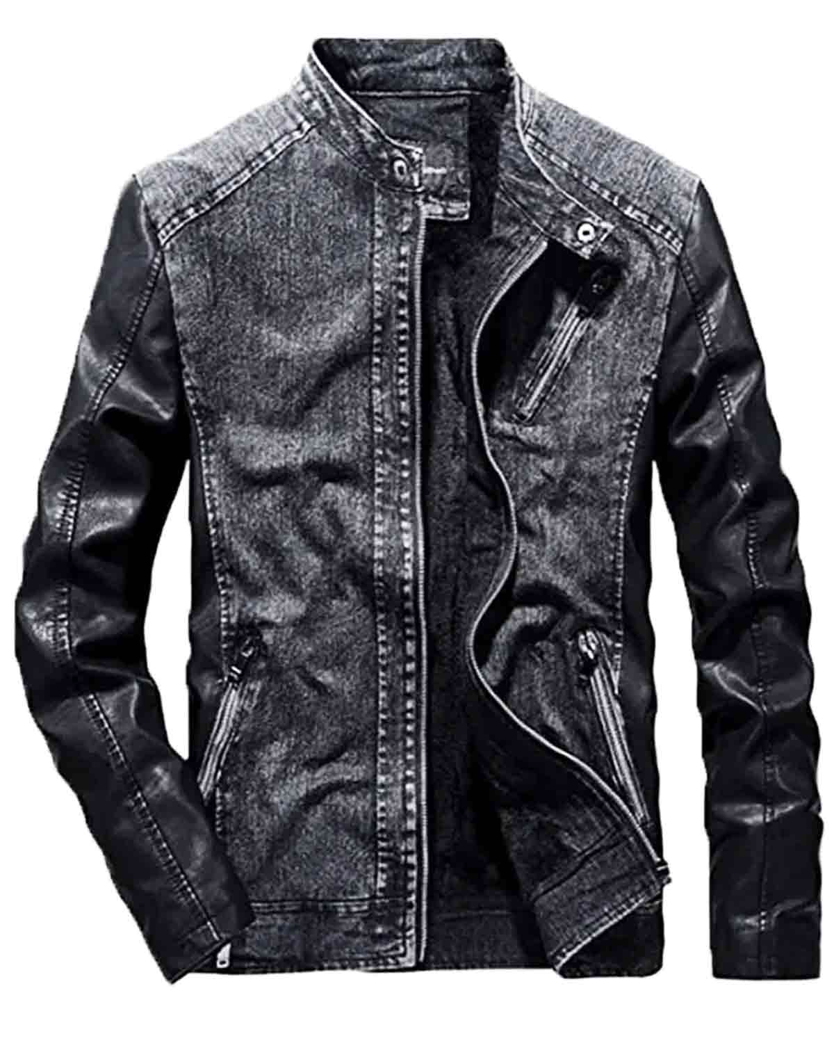 Grey Denim Jacket with Leather Sleeves