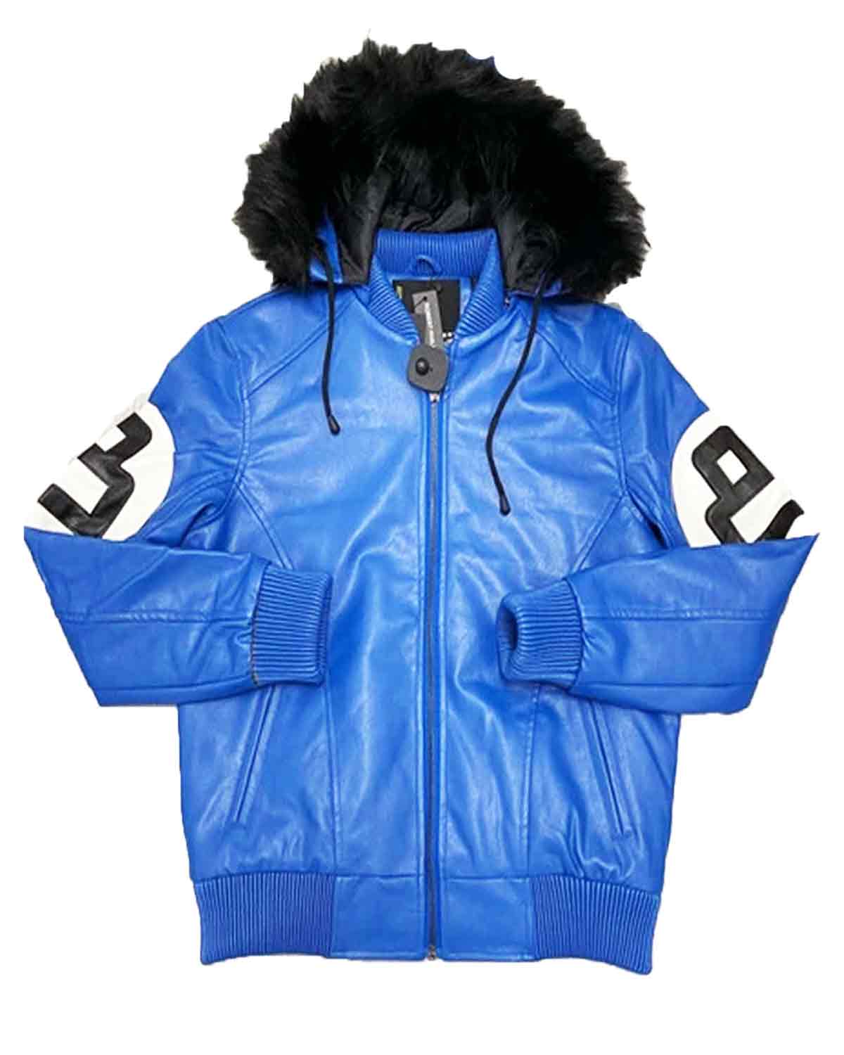 8 Ball Logo Fur Hooded Sheepskin Blue Men's Jacket