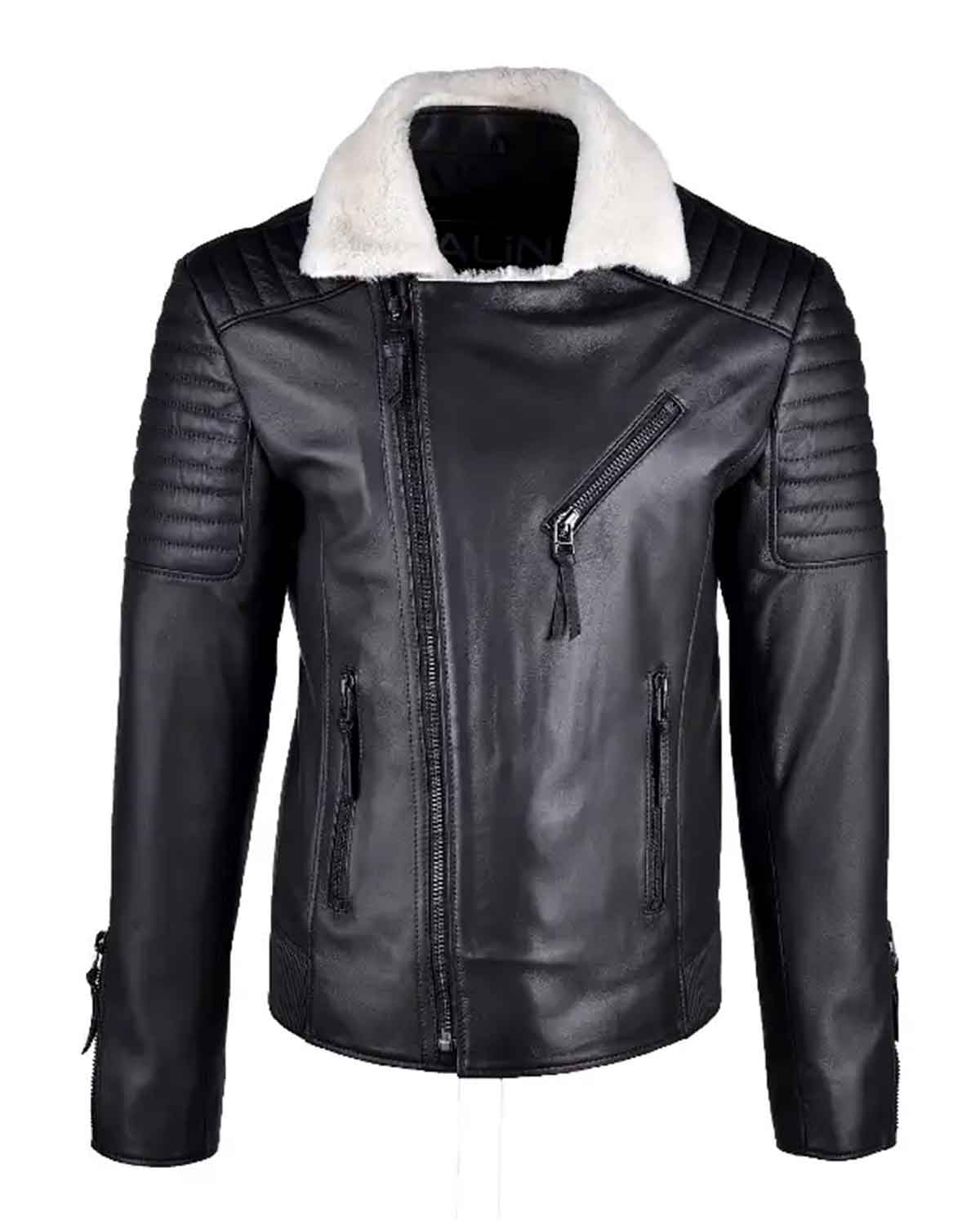 Mens Black Shearling White Fur Leather Biker Jacket 