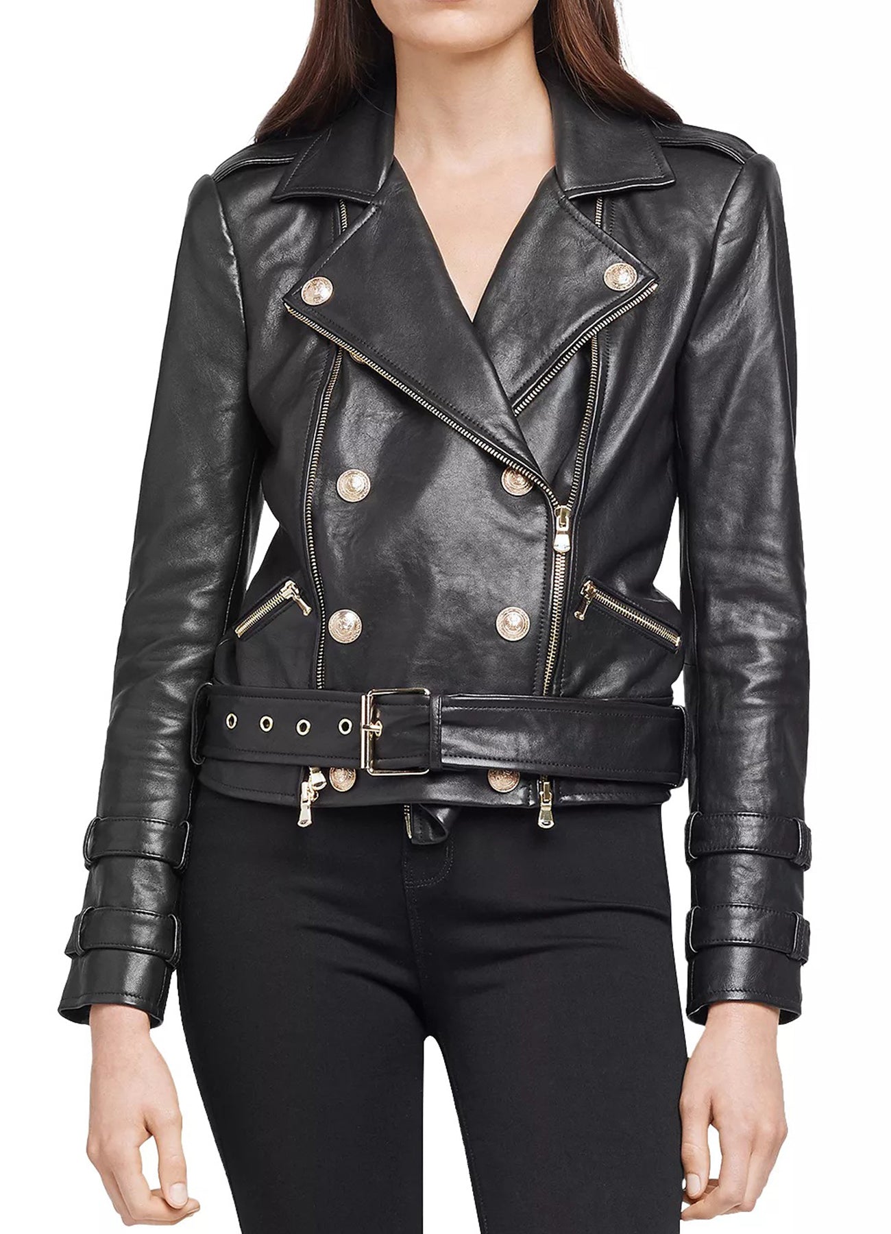 Women's Black Double Breasted Biker Leather Jacket
