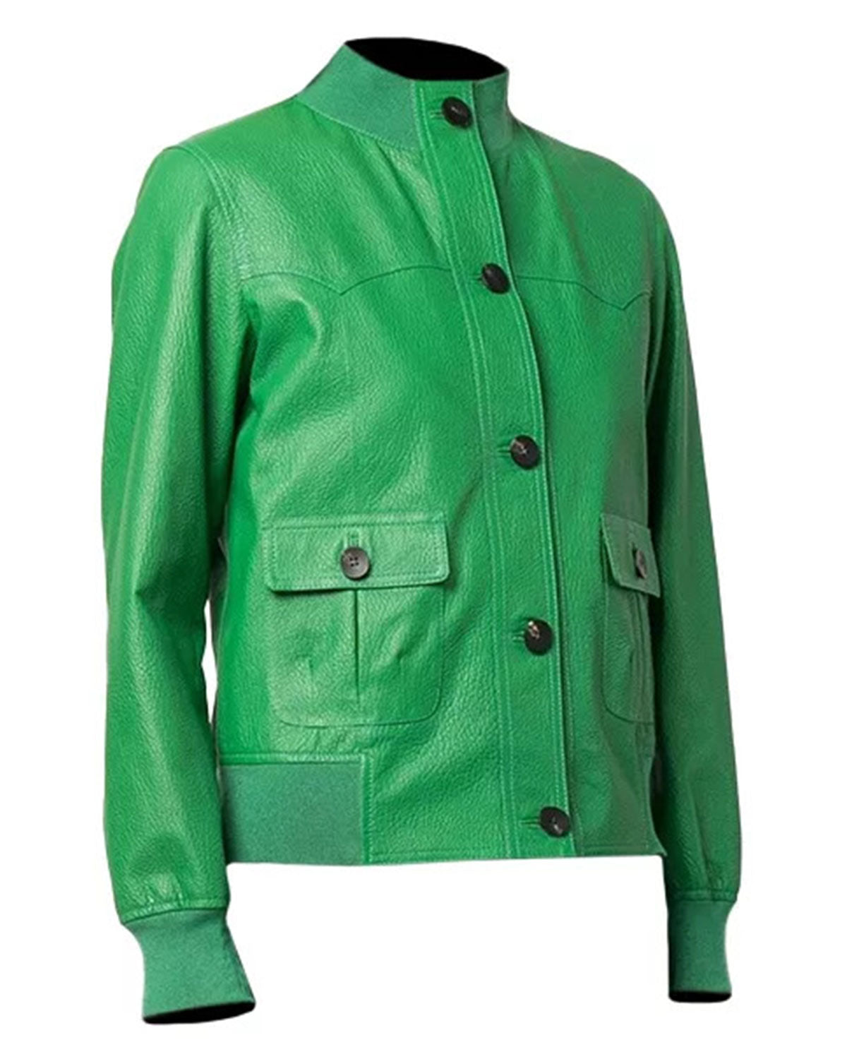 Women's Buttoned Green Leather Jacket