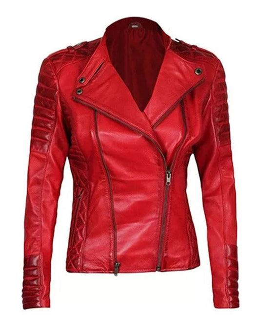 Women's Quilted Merlot Red Leather Biker Jacket