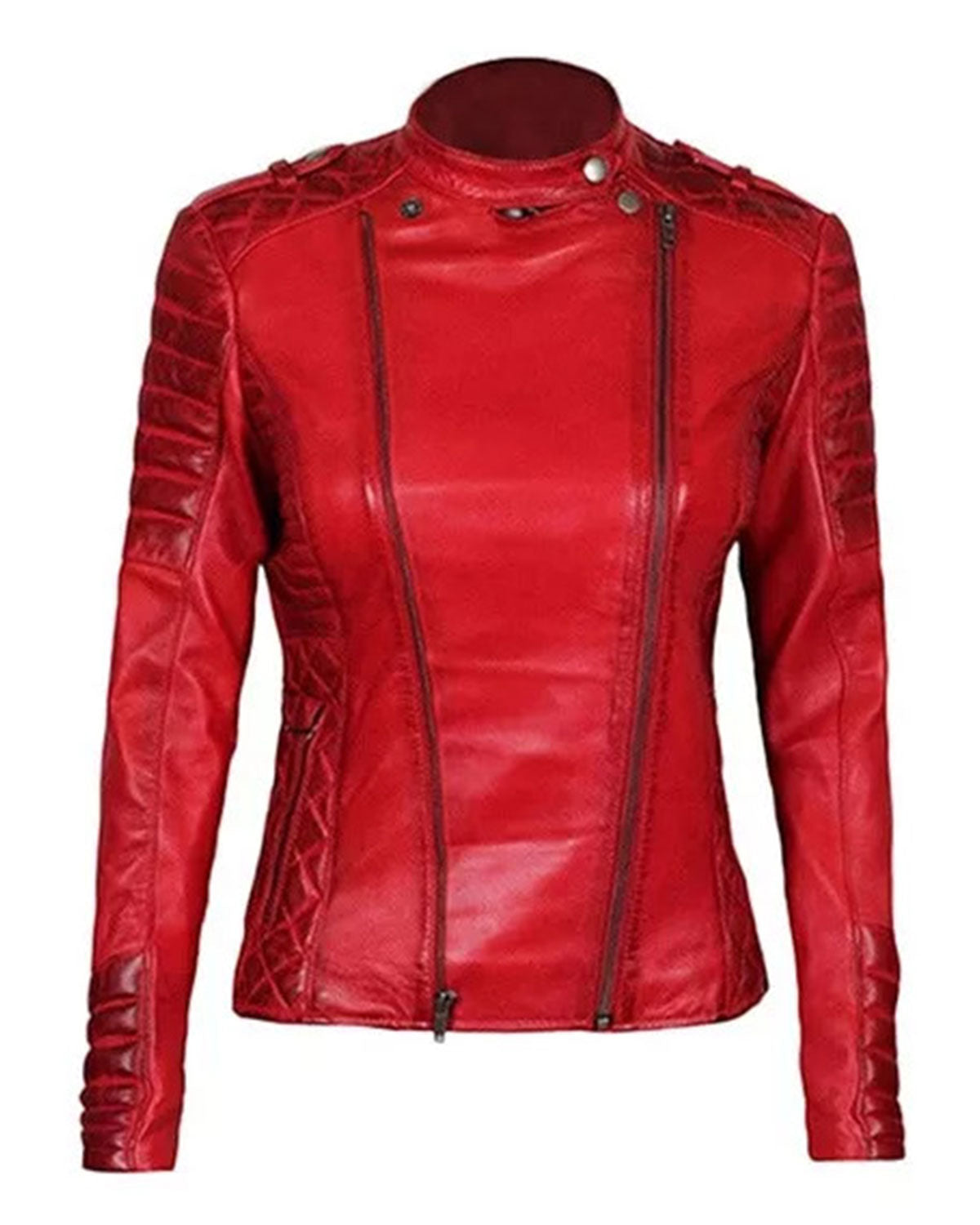 Women's Quilted Merlot Red Leather Biker Jacket