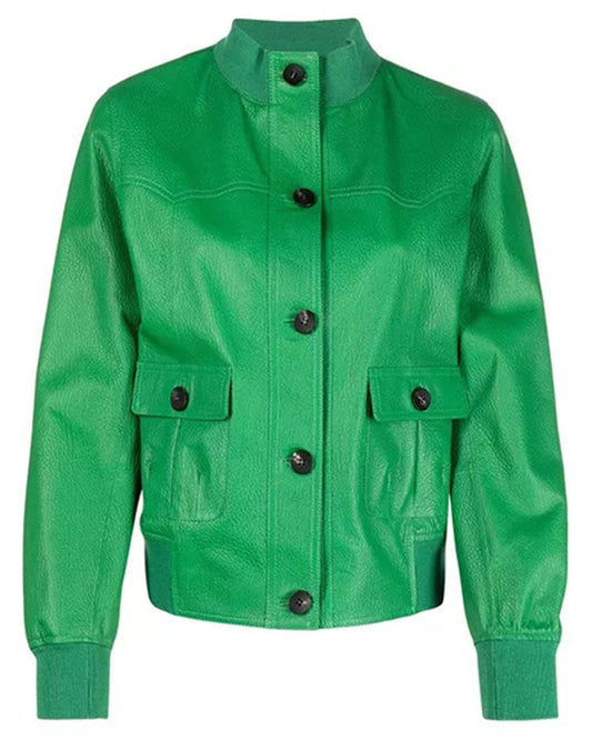 Women's Buttoned Green Leather Jacket
