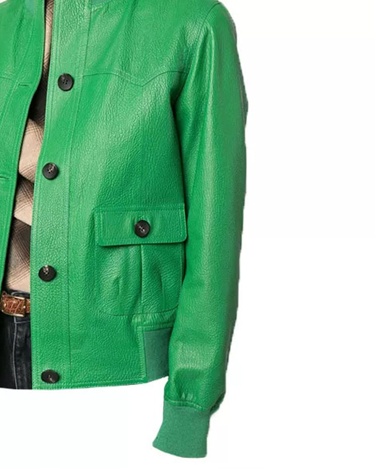 Women's Buttoned Green Leather Jacket