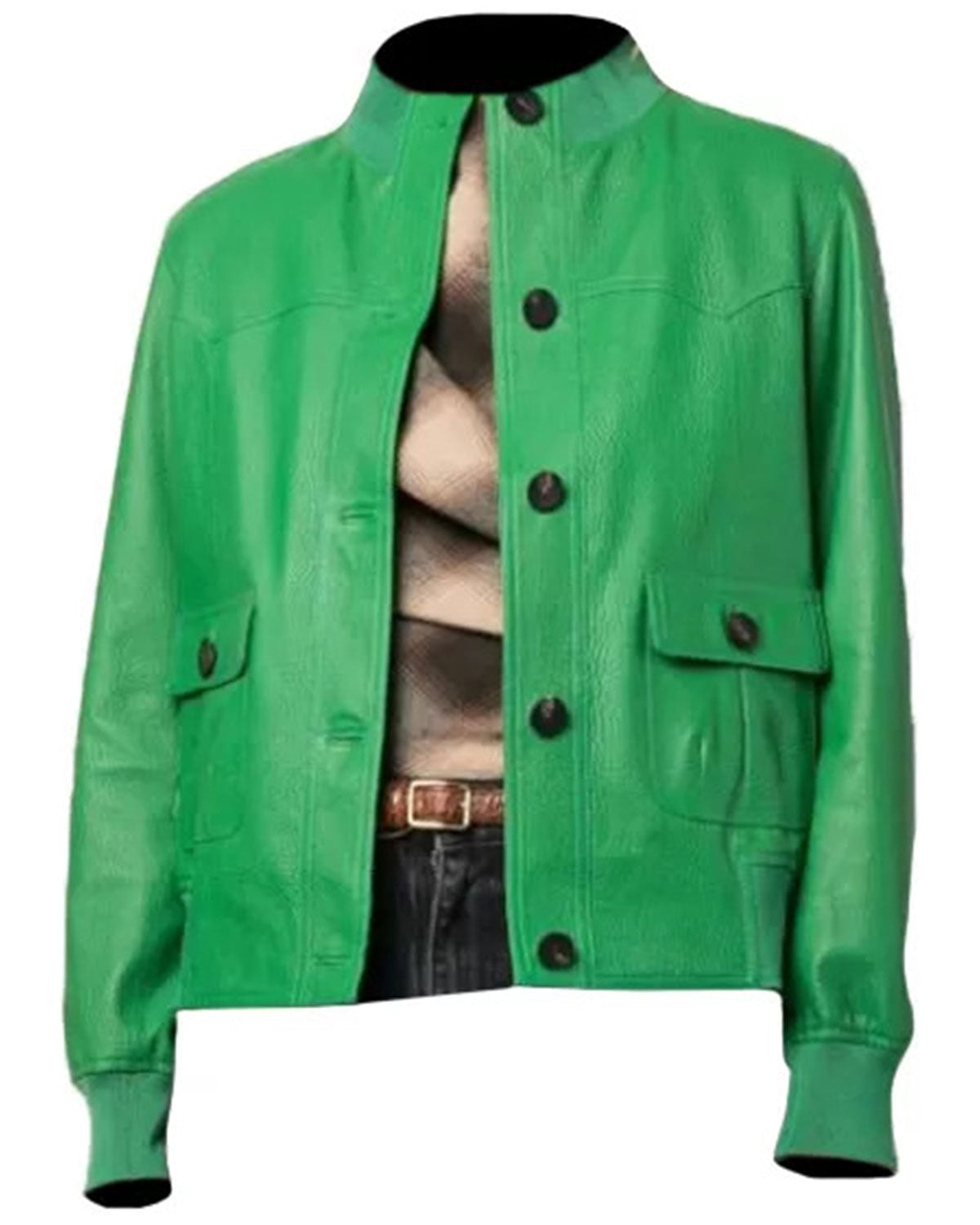 Women's Buttoned Green Leather Jacket