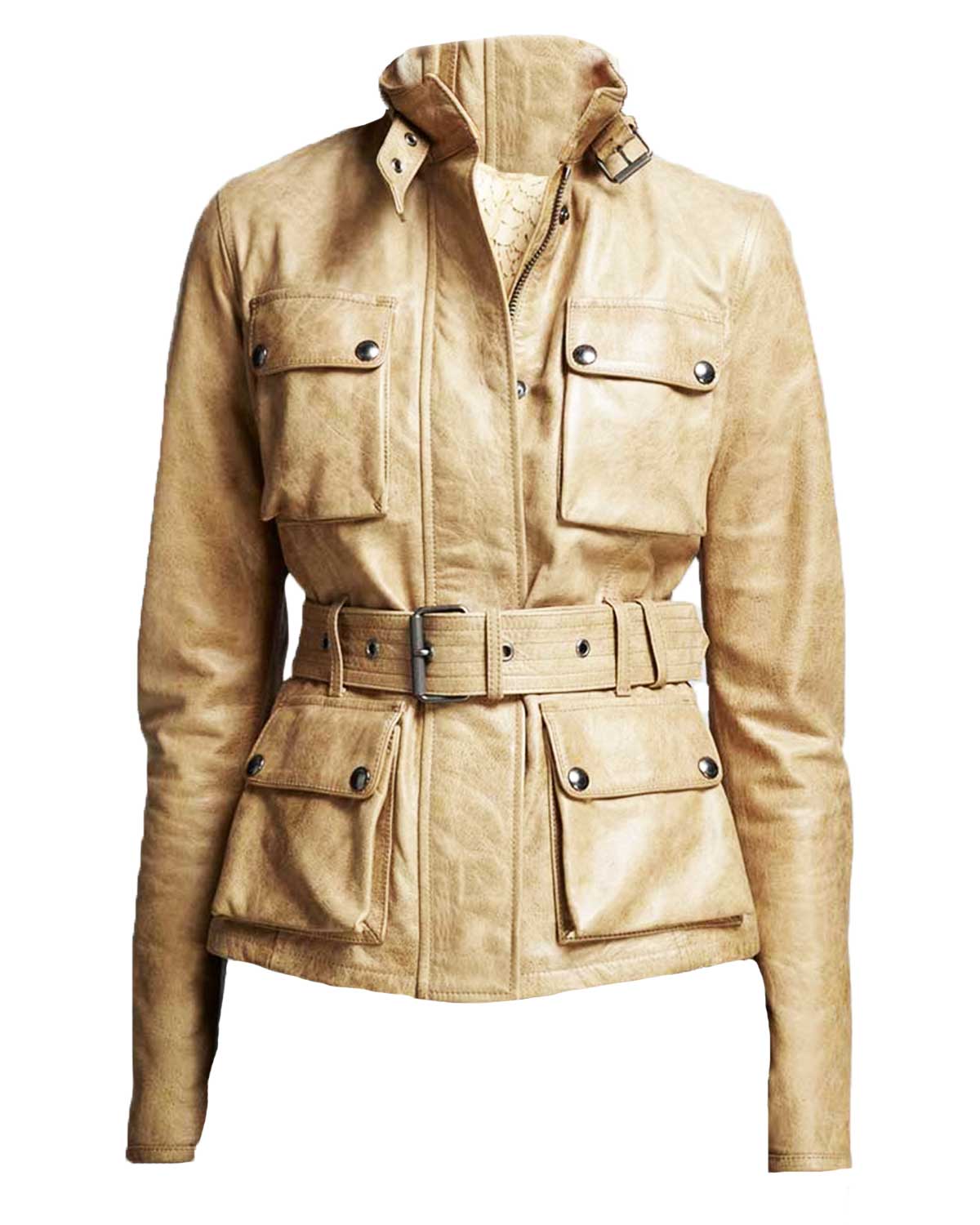 Women’s Biker Belted Waxed Leather Jacket