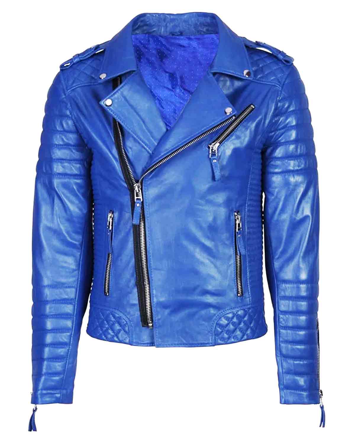 Men's Quilted Biker Blue Leather Jacket