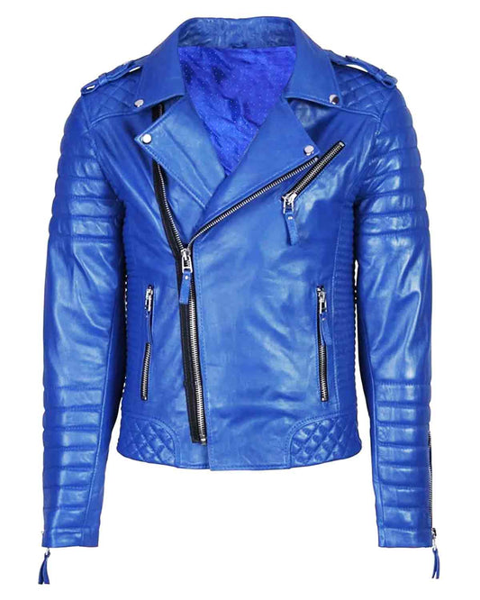 Men's Quilted Biker Blue Leather Jacket