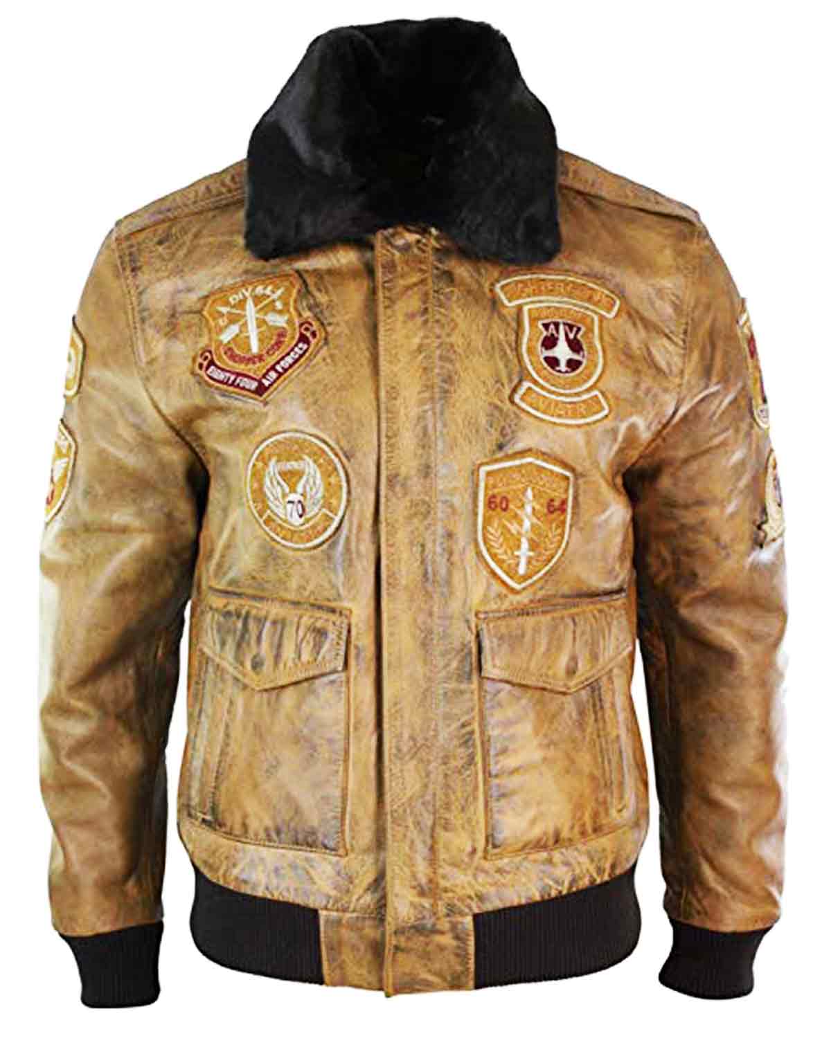 Men’s Aviator Tan Bomber Jacket With Patches