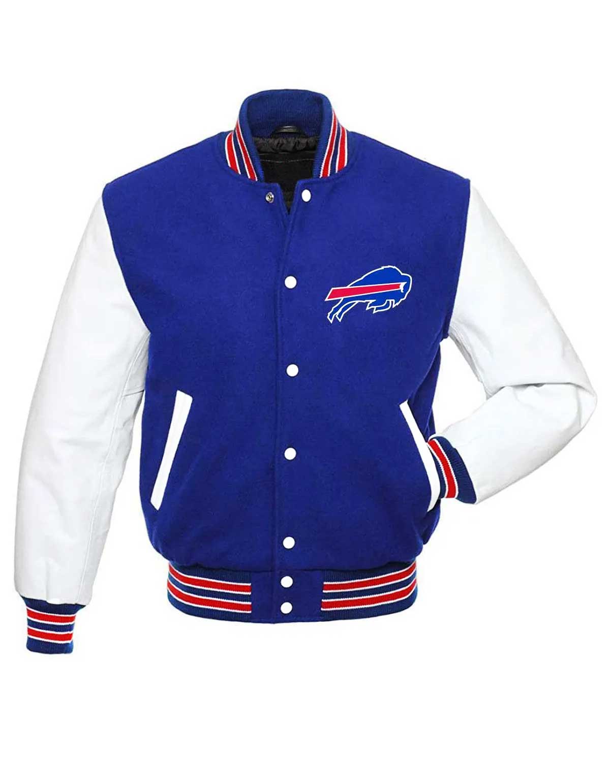 Blue and White Buffalo Bills Letterman Jacket