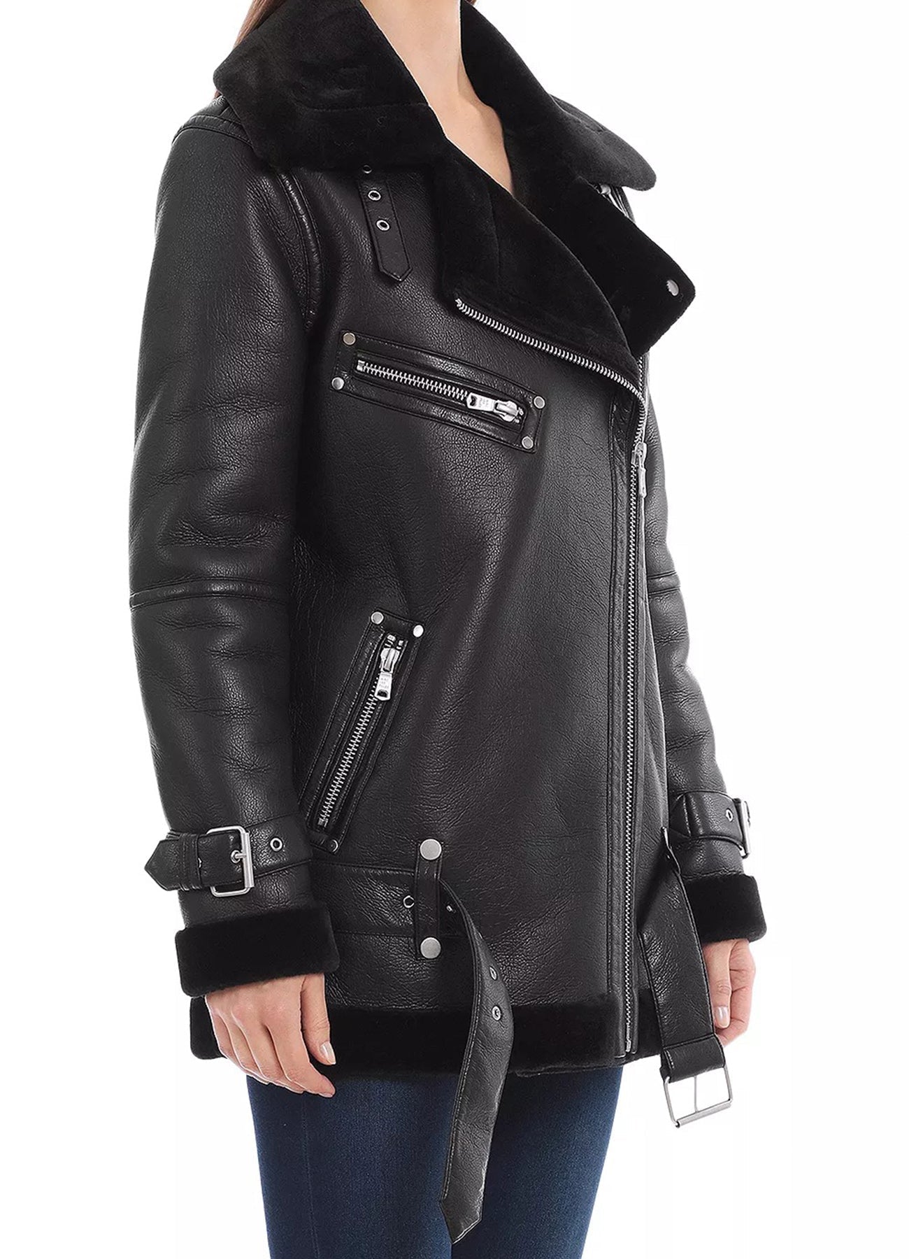 Women's Shine Black Shearling Leather Jacket