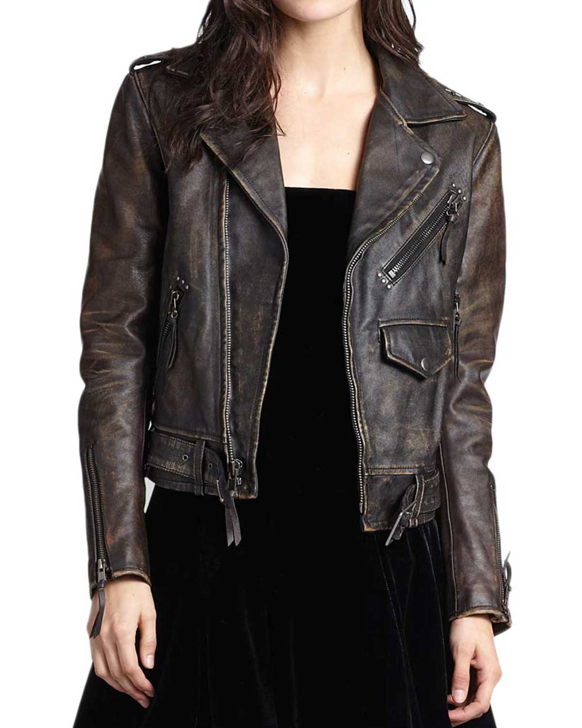 Women Moto Biker Distressed Vintage Brown Leather jacket