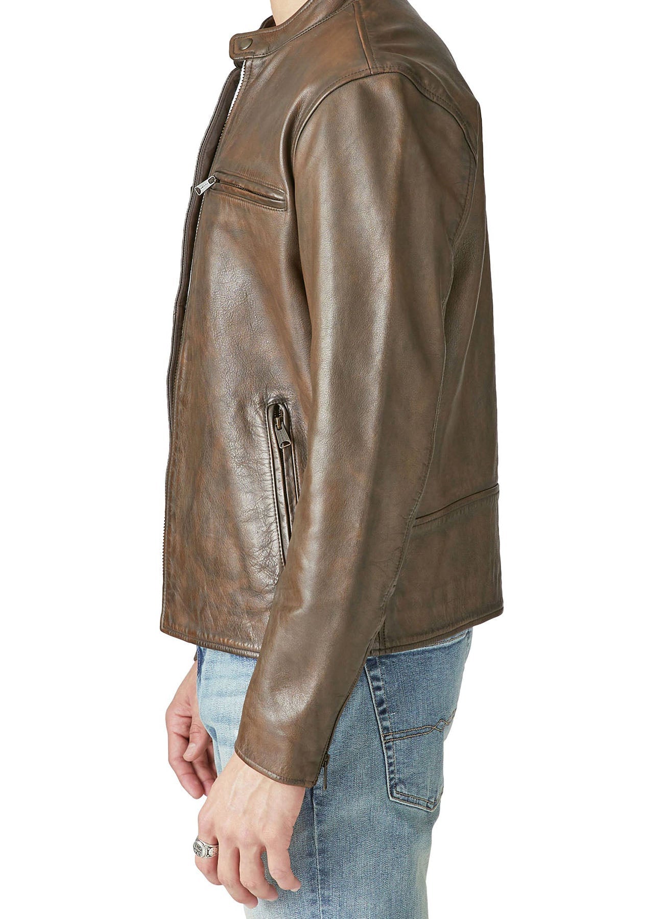 Men's Khaki Color Biker Leather Jacket