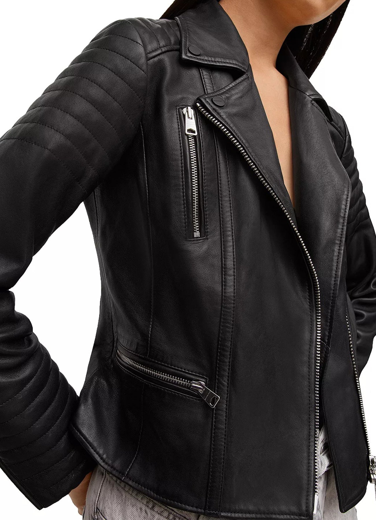 Women's Quilted Sleeves Black Biker Leather Jacket