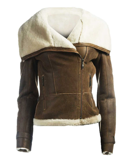 Women Fur Collar Brown Leather Jacket