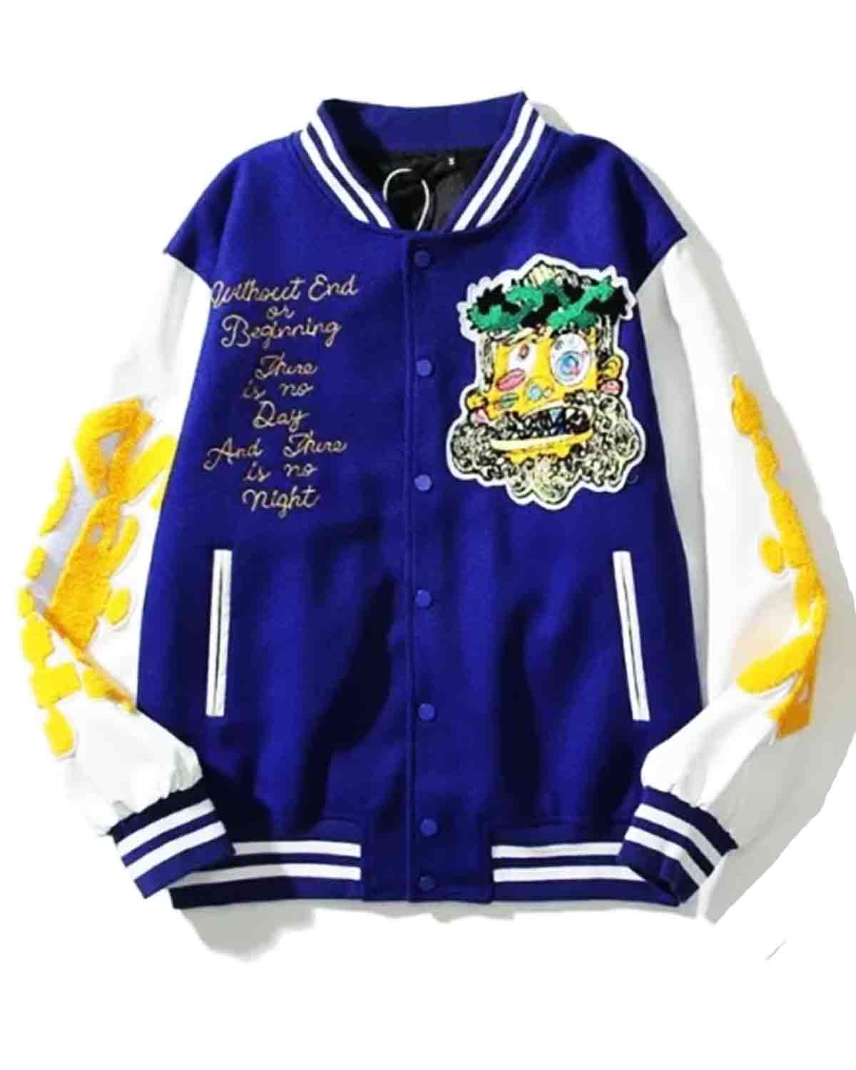 A royal blue and white varsity-style jacket with yellow sleeve graphics, featuring a large cartoon patch on the left chest, embroidered text on the right chest, and striped ribbed cuffs and hem.