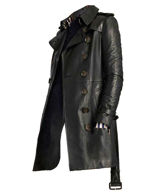 Black Women’s Mid-Length Double Breasted Leather Coat