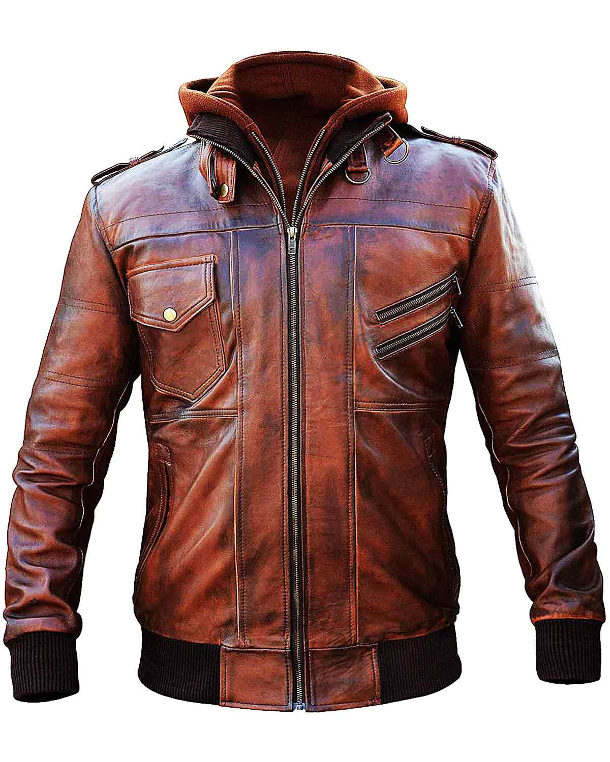 Men’s Slim Fit Bomber Hoodie Vintage Brown Biker Genuine Leather Jacket