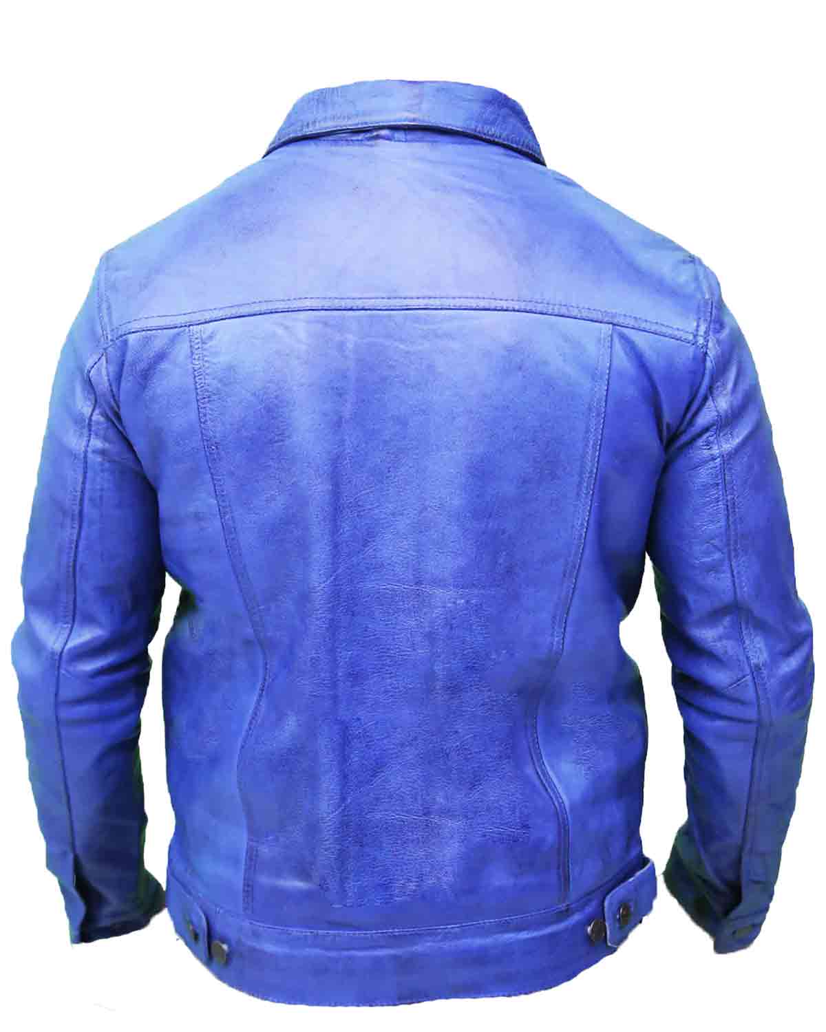 Vintage Men's Blue Real Leather Trucker Jacket