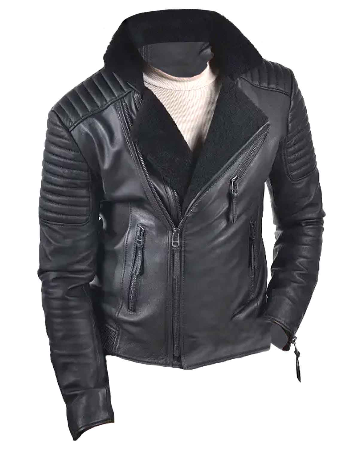 Mens Shearling Faux Fur Black Leather Biker Jacket 