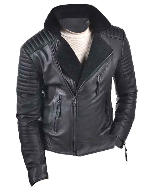 Mens Shearling Faux Fur Black Leather Biker Jacket 