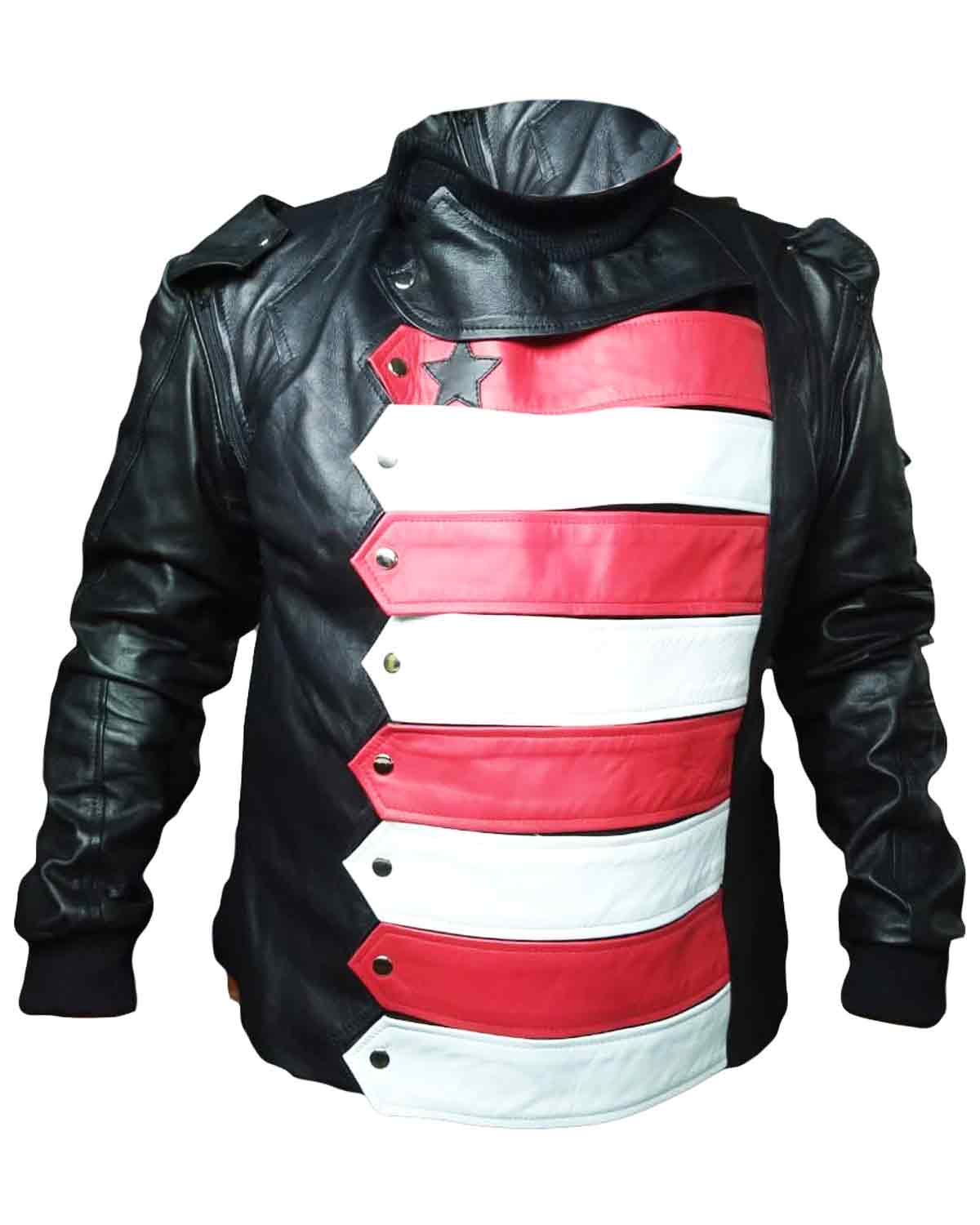Captain America Winter Soldier Bucky Barnes Red & Black Leather Jacket