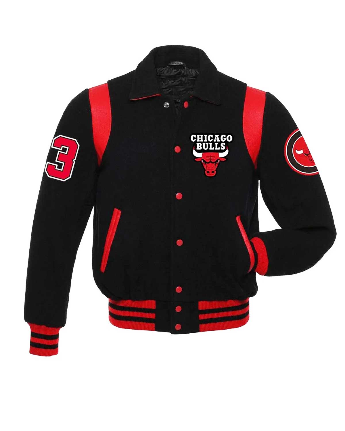 Chicago Bulls Sailor Collar Black and Red Varsity Jacket