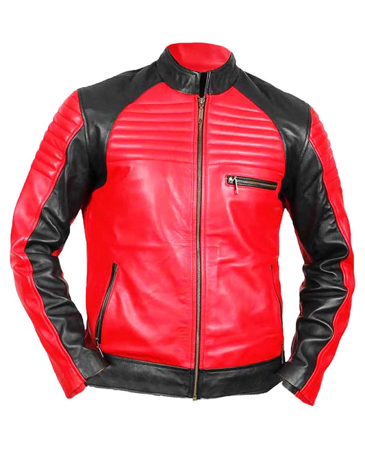Men’s Padded Red and Black Sheepskin Leather Biker Jacket