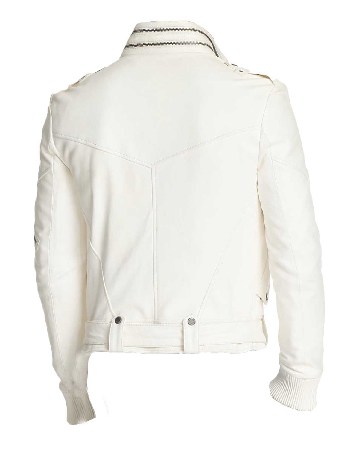 Belted Motorcycle White Leather Jacket for Men