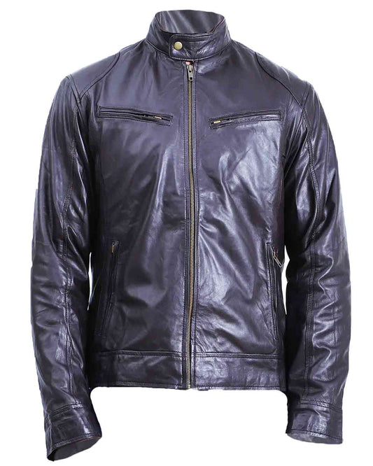 Men's Black Cafe Racer Lambskin Leather Jacket