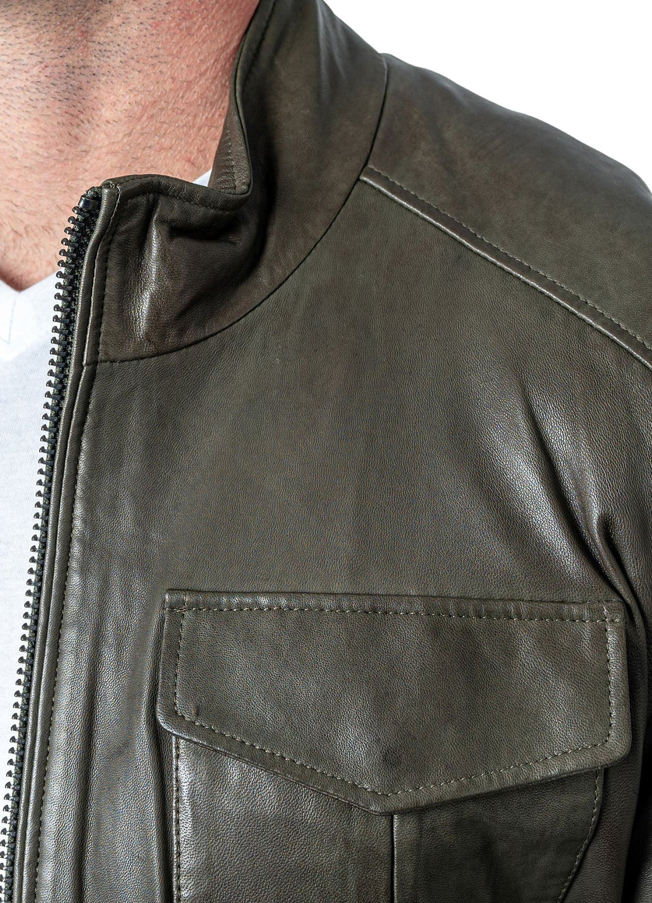 Men's Military Style Olive Green Leather Jacket