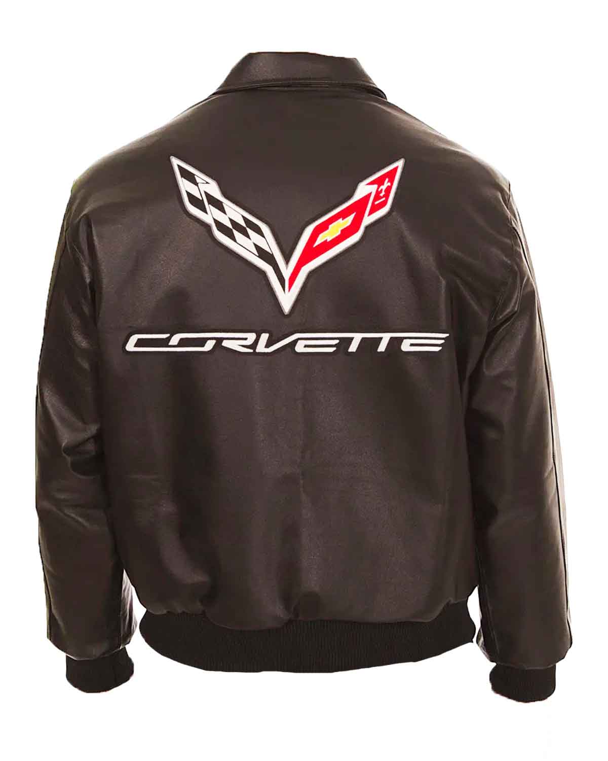 Embroidered Corvette Shirt Collar Black Leather Jacket