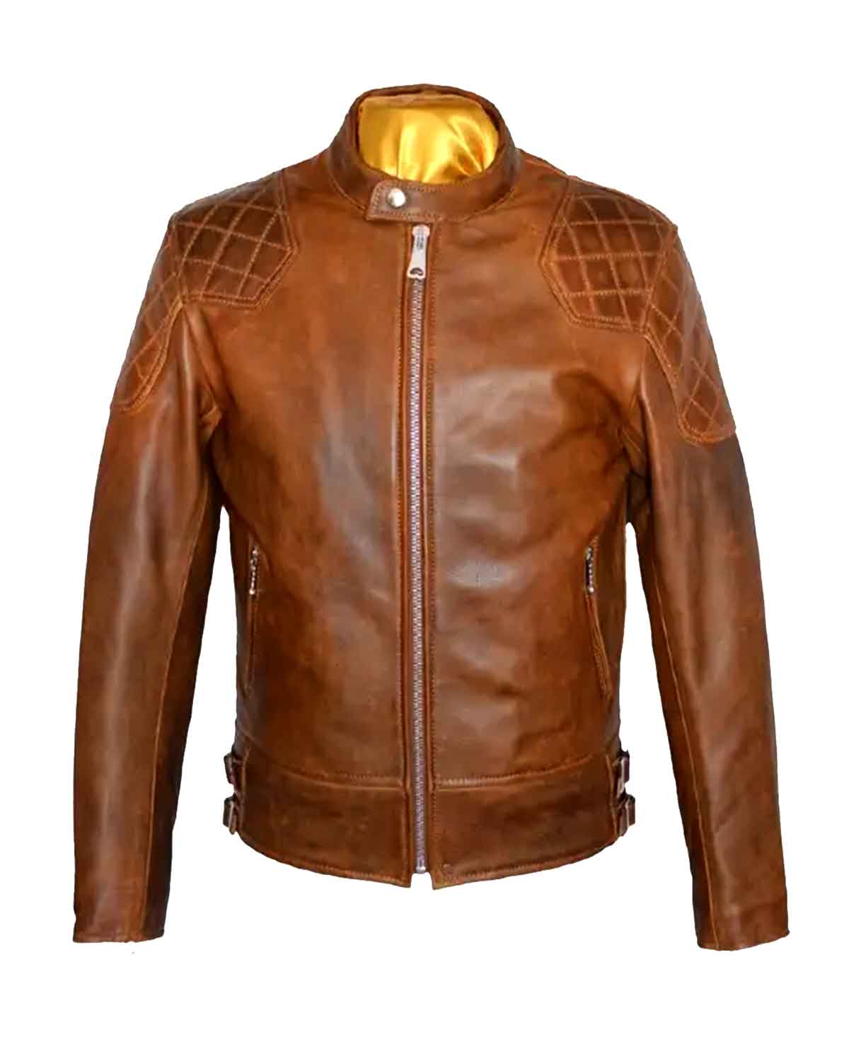 Mens Brown Cafe Racer Genuine Quilted Leather Biker Jacket 