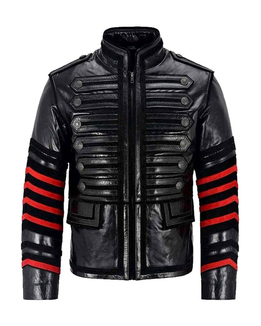Men's Black Military Style Real Leather Jacket