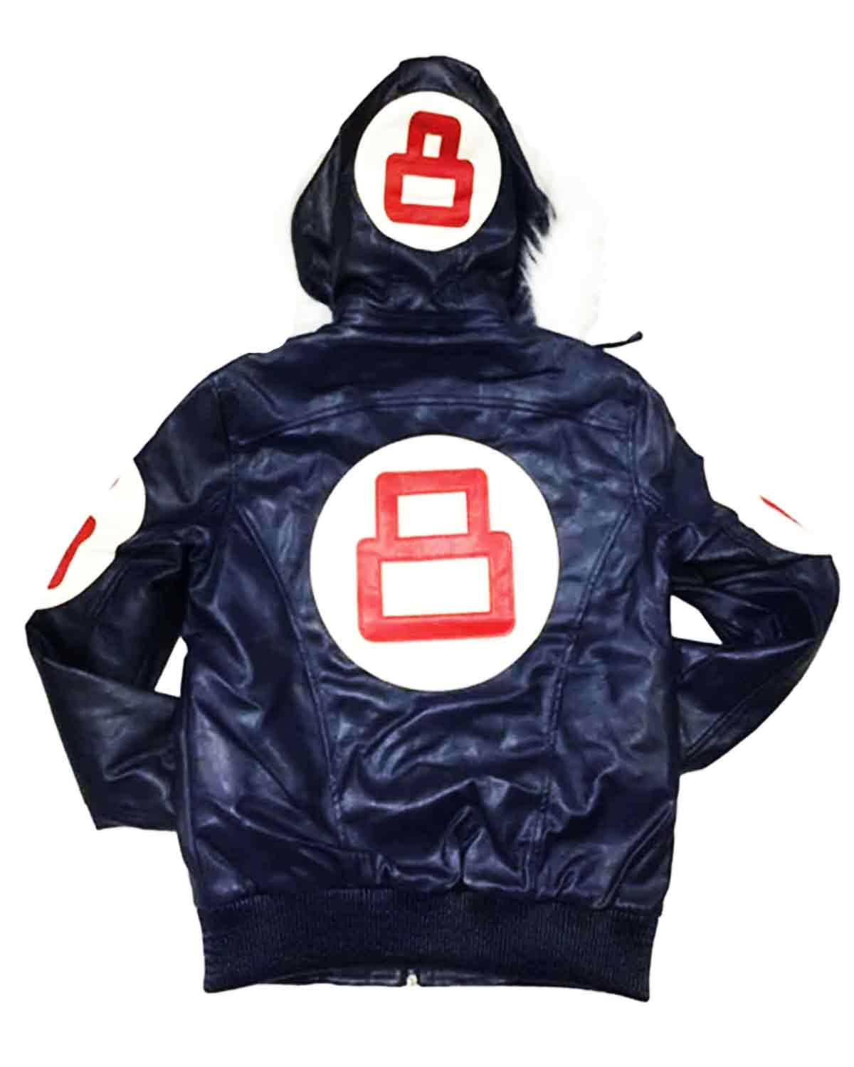 8 Ball Pool Logo Fur Hooded Sheepskin Navy Leather Men's Jacket