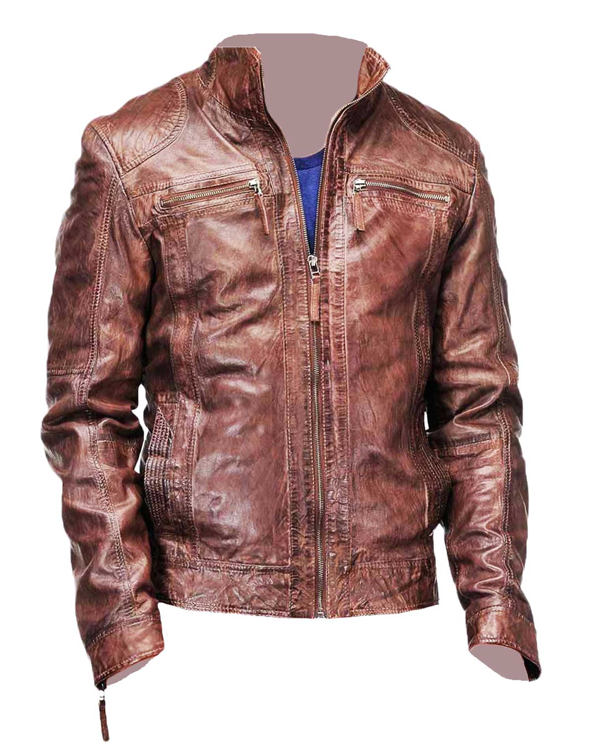 Men's Biker Coffee Brown Distressed Leather Jacket